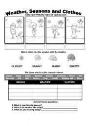 English Worksheet: Weather Seasons and Clothes