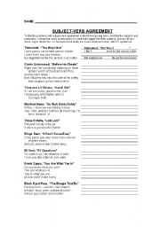 English Worksheet: Subject-Verb Agreement-Song Lyrics