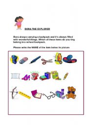 English Worksheet: vocabulary- whats in Doras bag?