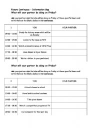 English Worksheet: future continuous information gap activity