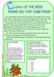 English Worksheet: the origin of the days of the week