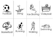 20 Sports flashcards, sport+name, 8up. B&W