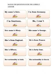 English Worksheet: Cards for elementary level  (ANSWERS) PART 1