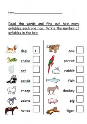 English Worksheet: phonological awareness - number of syllables worksheet - animal theme