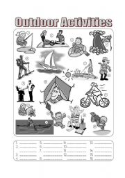 English Worksheet: Outdoor Activities Picture Dictionary - Fill in the Blanks Greyscale