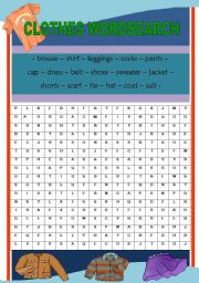 English Worksheet: CLOTHING  WORDSEARCH