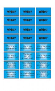 English Worksheet: Game: Garfield wants to know - Who & Why cards