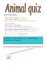 English worksheet: animal quiz for computer lessons