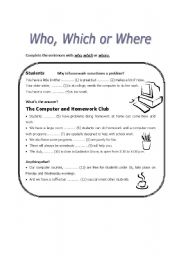 English Worksheet: Who, which or where