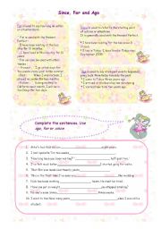 English Worksheet: since for ago explanation and practice