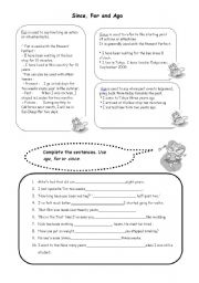 English Worksheet: since for ago explanation and practice