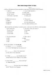 English Worksheet: New Interchange Book 1 Uints 1-4 Quiz