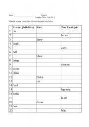 English Worksheet: Irregular Verbs