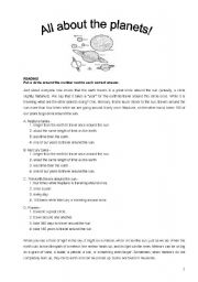 English Worksheet: Planets- reading comprehension