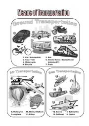 English Worksheet: Means of Transportation Picture Dictionary Greyscale