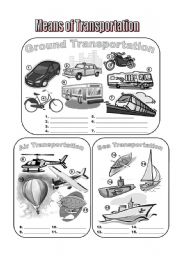 English Worksheet: Means of Transportation Fill in the Blanks Greyscale
