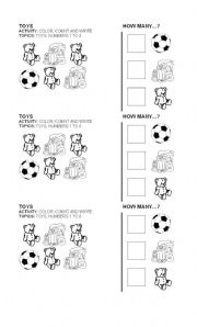 English Worksheet: Toys: Color, count and write