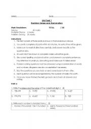 English worksheet: Place Value Unit Test