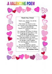 English Worksheet: VALENTINE POEM FOR FRIENDSHIP