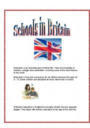 English Worksheet: A reading passage about schools in britain