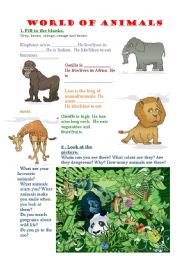 English Worksheet: Animals, colours, articles, countries.