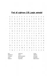 English Worksheet: Jungle Animals Word search