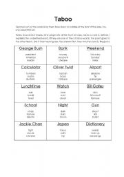 English Worksheet: Taboo Speaking and Listening Game