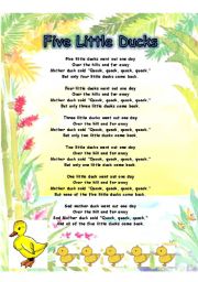 English Worksheet: FIVE LITTLE DUCKS PART 1 - SONG LYRICS AND FLASHCARD OF MOTHER DUCK