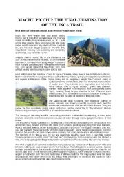 English Worksheet: MACHU PICCHU, THE FINAL DESTINATION OF THE INCA TRAIL