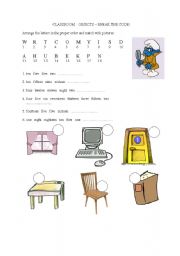 English Worksheet: Classroom objects - break the code!