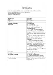 English Worksheet: first class lesson plan: personal information