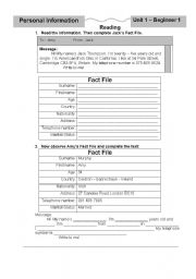 English Worksheet: Guided Writing - Fact file - Personal Information