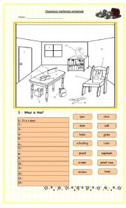 English Worksheet: Classroom materials and prepositions