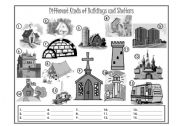 English Worksheet: Buildings and Shelters Fill in the Blanks - Greyscale