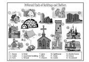 English Worksheet: Buildings and Shelters Picture Dictionary - Greyscale