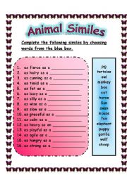 English Worksheet: ANIMAL SIMILES WORKSHEET (29.07.2008)