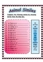 English Worksheet: ANIMAL SIMILES WORKSHEET (29.07.2008)