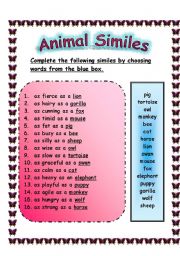 English Worksheet:  ANIMAL SIMILES -  ANSWER SHEET (29.07.2008)