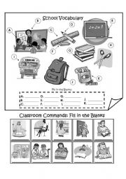 English Worksheet: School and Classroom Vocabulary Fill in the Blanks - Greyscale