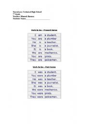 English worksheet: Verb to be present tense and past tense 