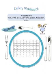 English Worksheet: Cutlery Wordsearch