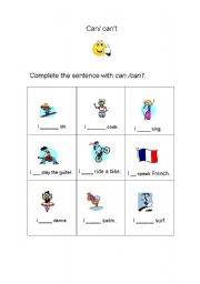English worksheet: Can /cant