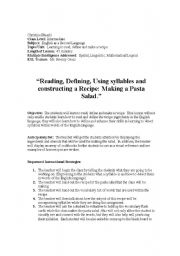 English Worksheet: Reading, Defining, Using Syllables and Constructing a Recipe: Making a Pasta Salad. 