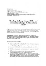 English worksheet: Reading, Defining, Using Syllables and Constructing a Recipe: Making a Pasta Salad. 