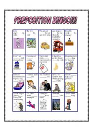 English Worksheet: Preposition BINGO