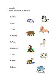 English worksheet: animal matching