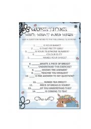 English Worksheet: QUESTIONS . WHICH, WHAT AND WHO.