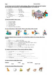 English Worksheet: Animals, prepositions, present s. and continous... 31-07-08