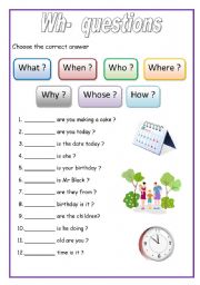 English Worksheet: WH - questions (English for beginners)