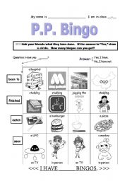 English Worksheet: P.P. Bingo